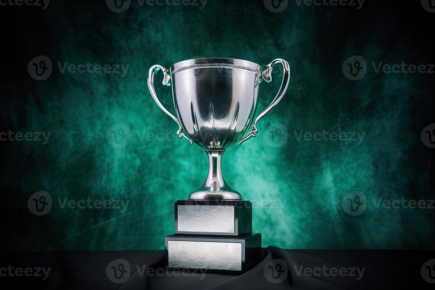 Silver glowing trophy cup on dark background. Concept of success and achievement photo