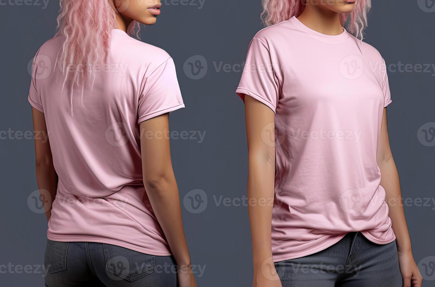 Photo realistic female pink t-shirts with copy space, front, and back view.