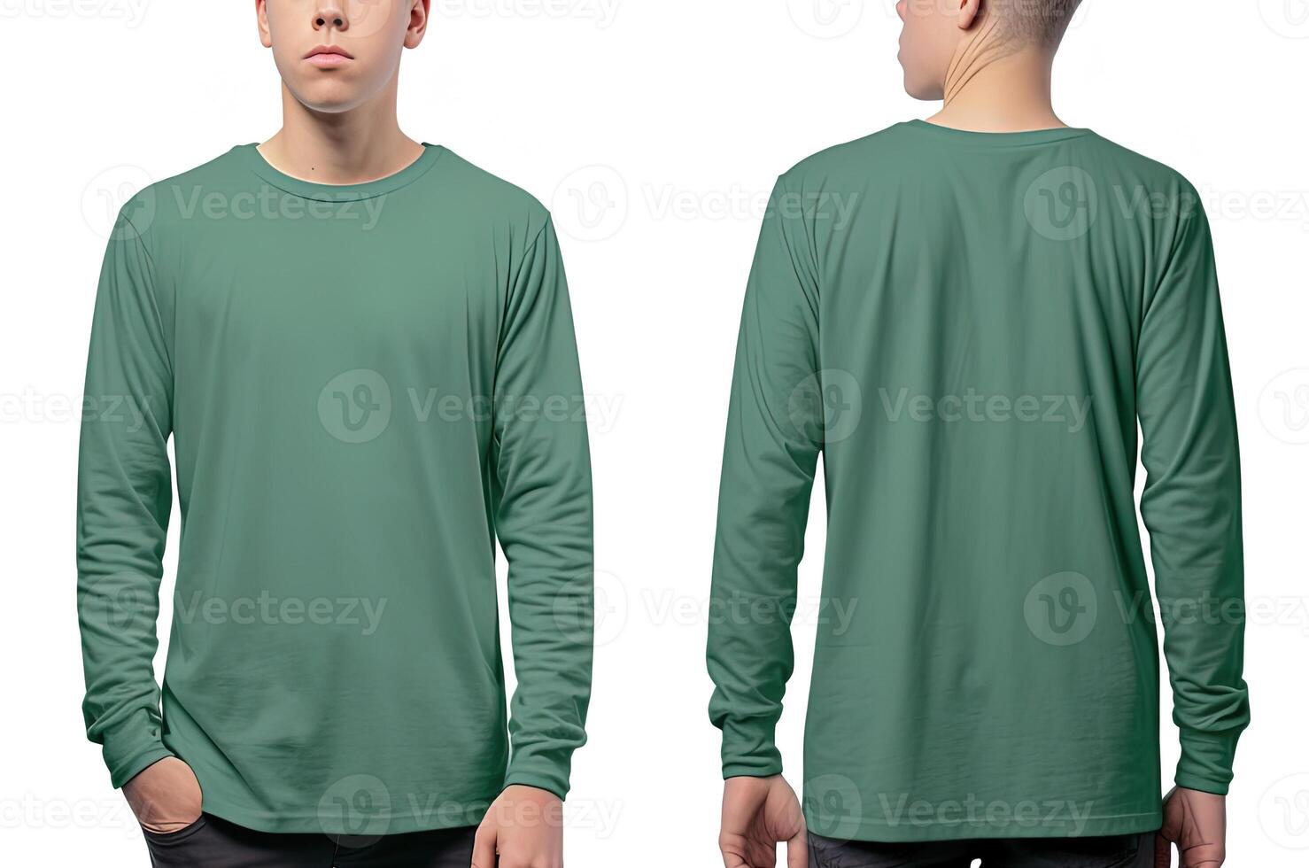 Man wearing a green T-shirt with long sleeves. Front and back view. photo