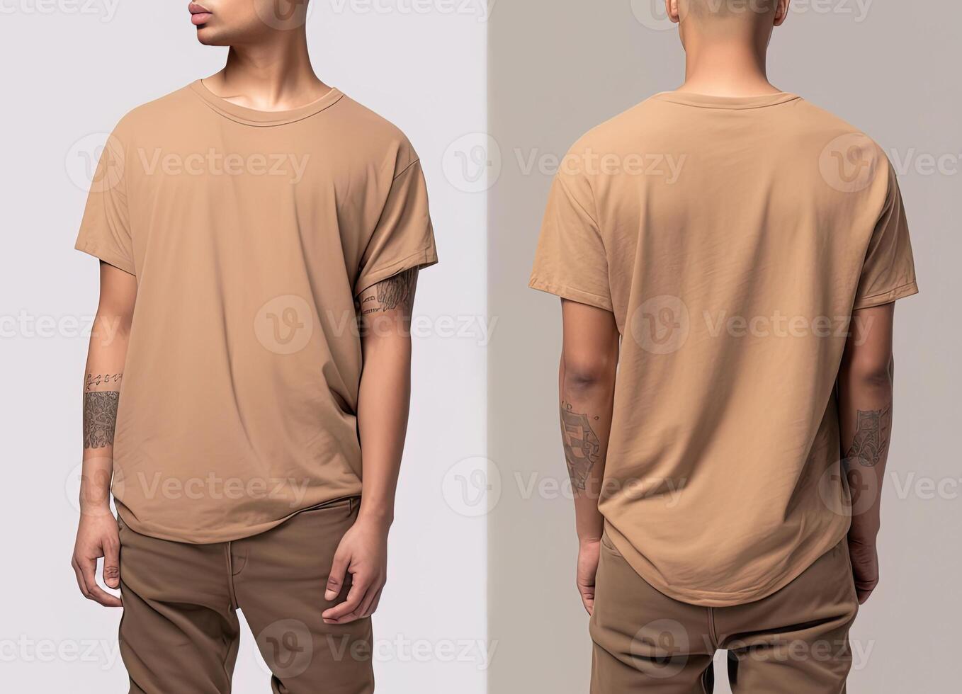 Photo realistic male beige t-shirts with copy space, front, and back view.