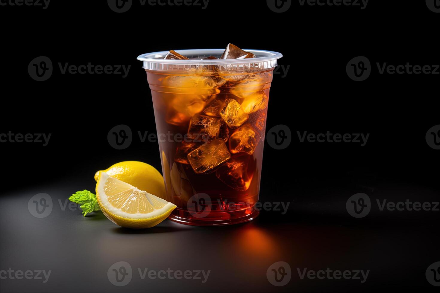 Iced lemon tea on plastic takeaway glass isolated on dark background. ai generated photo