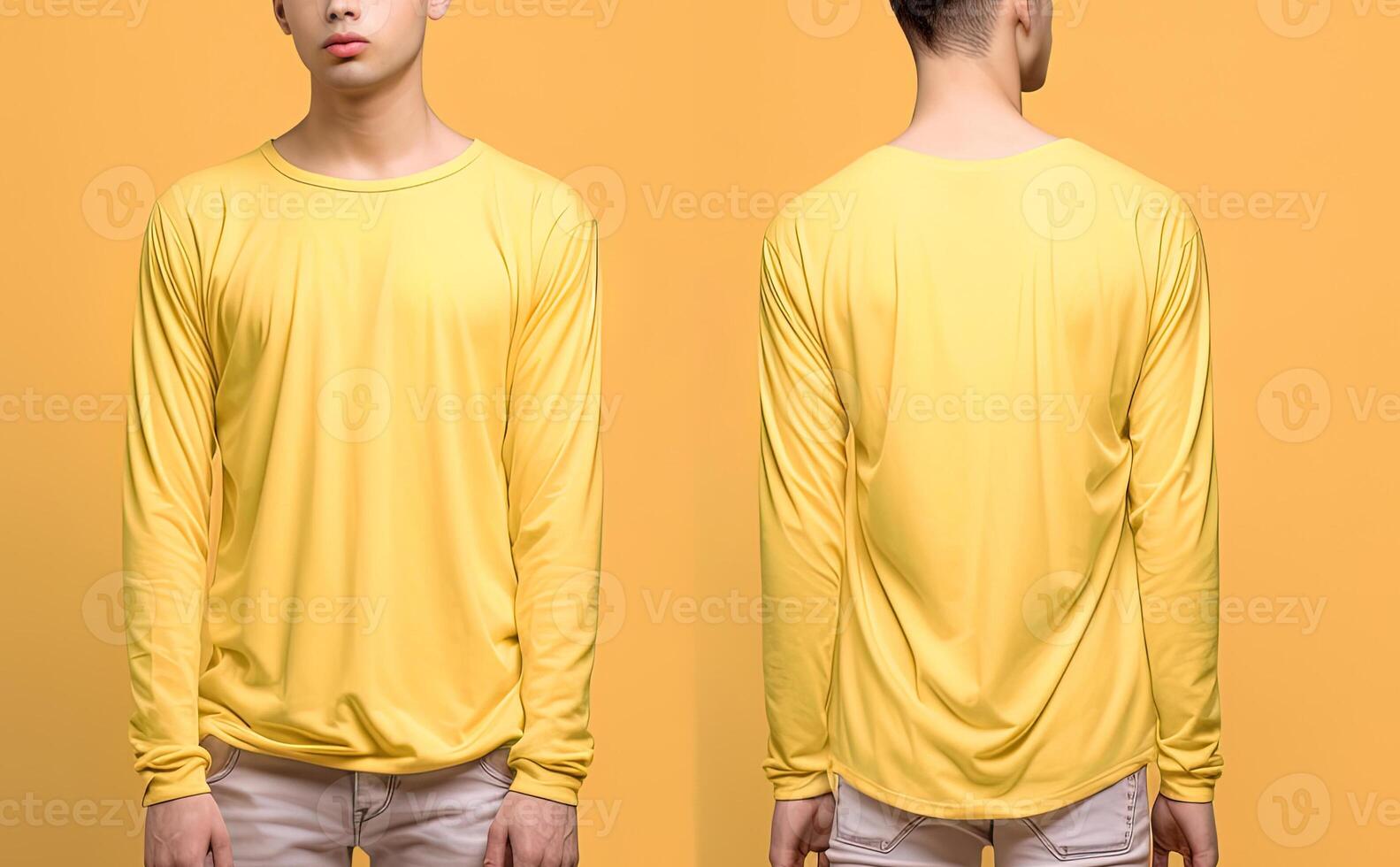 Man wearing a yellow T-shirt with long sleeves. Front and back view. photo