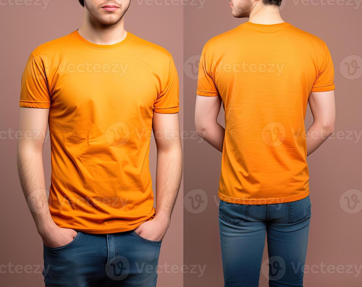 Photo realistic male orange t-shirts with copy space, front, and back view.