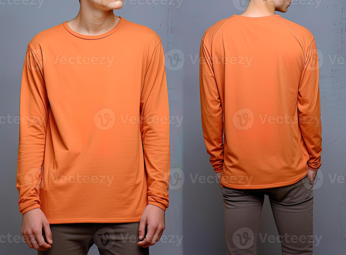 Man wearing a orange T-shirt with long sleeves. Front and back view. photo