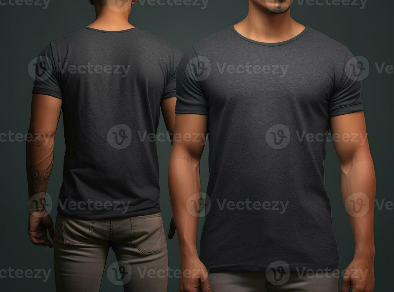 Photo realistic male grey t-shirts with copy space, front, and back view. ai generated