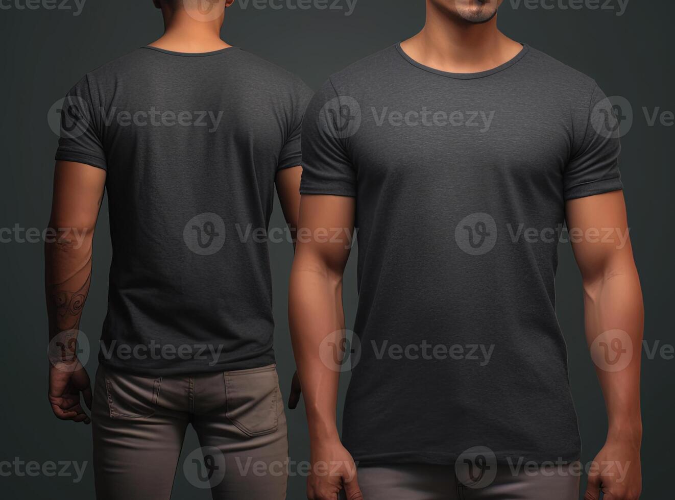Photo realistic male grey t-shirts with copy space, front, and back view.
