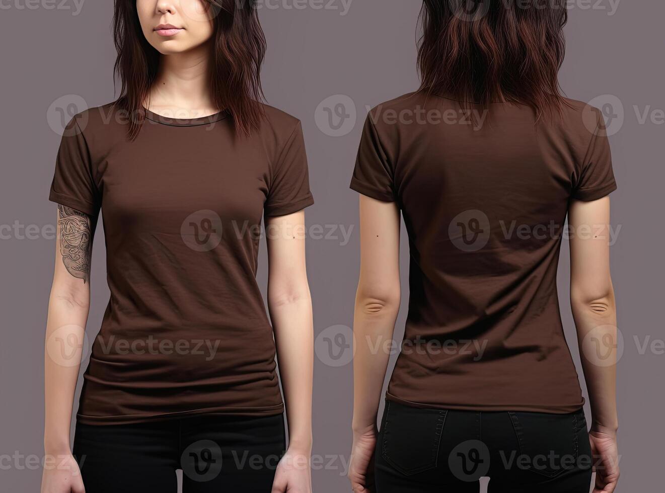 Photo realistic female brown t-shirts with copy space, front, and back view.