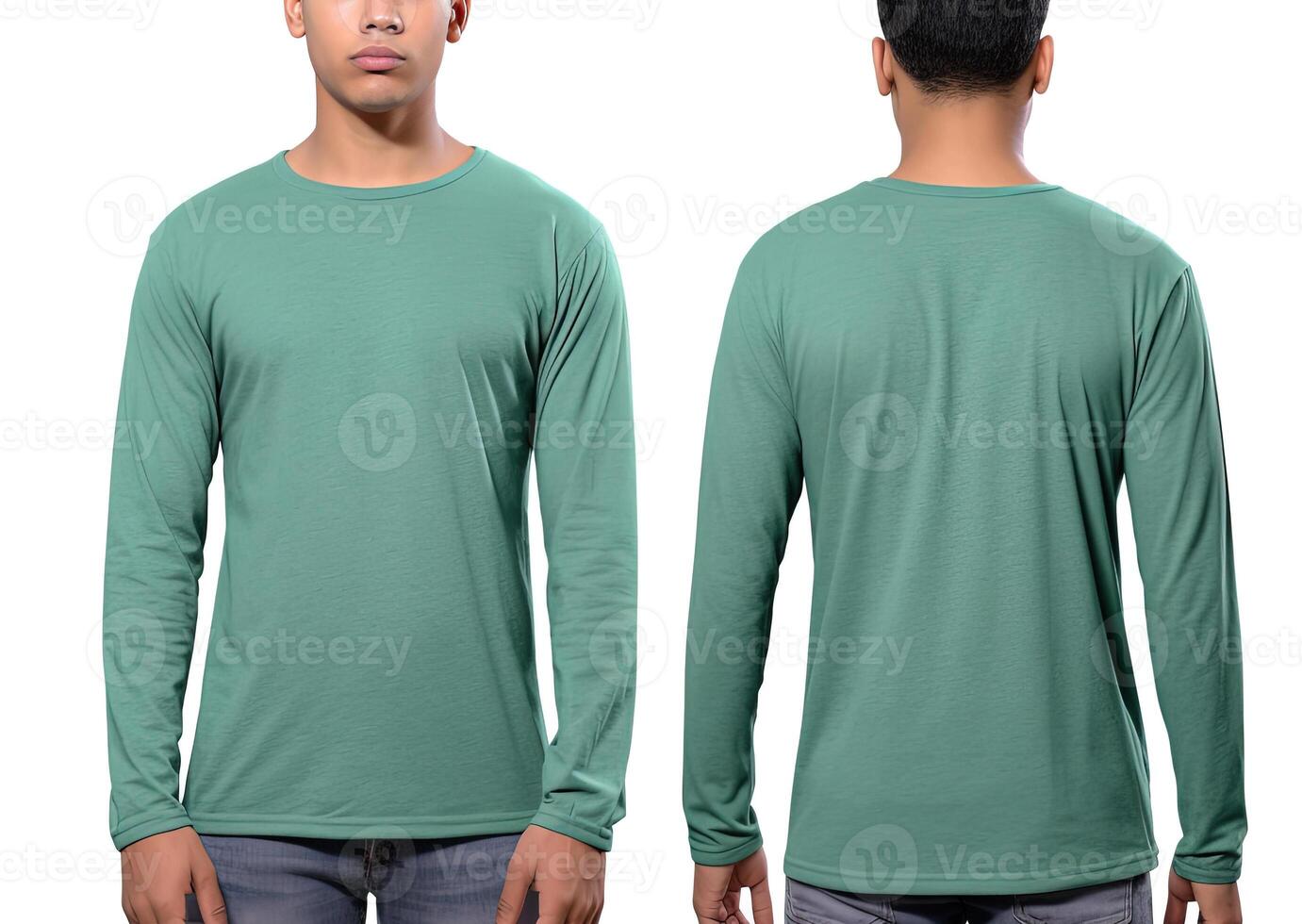 Man wearing a green T-shirt with long sleeves. Front and back view. photo
