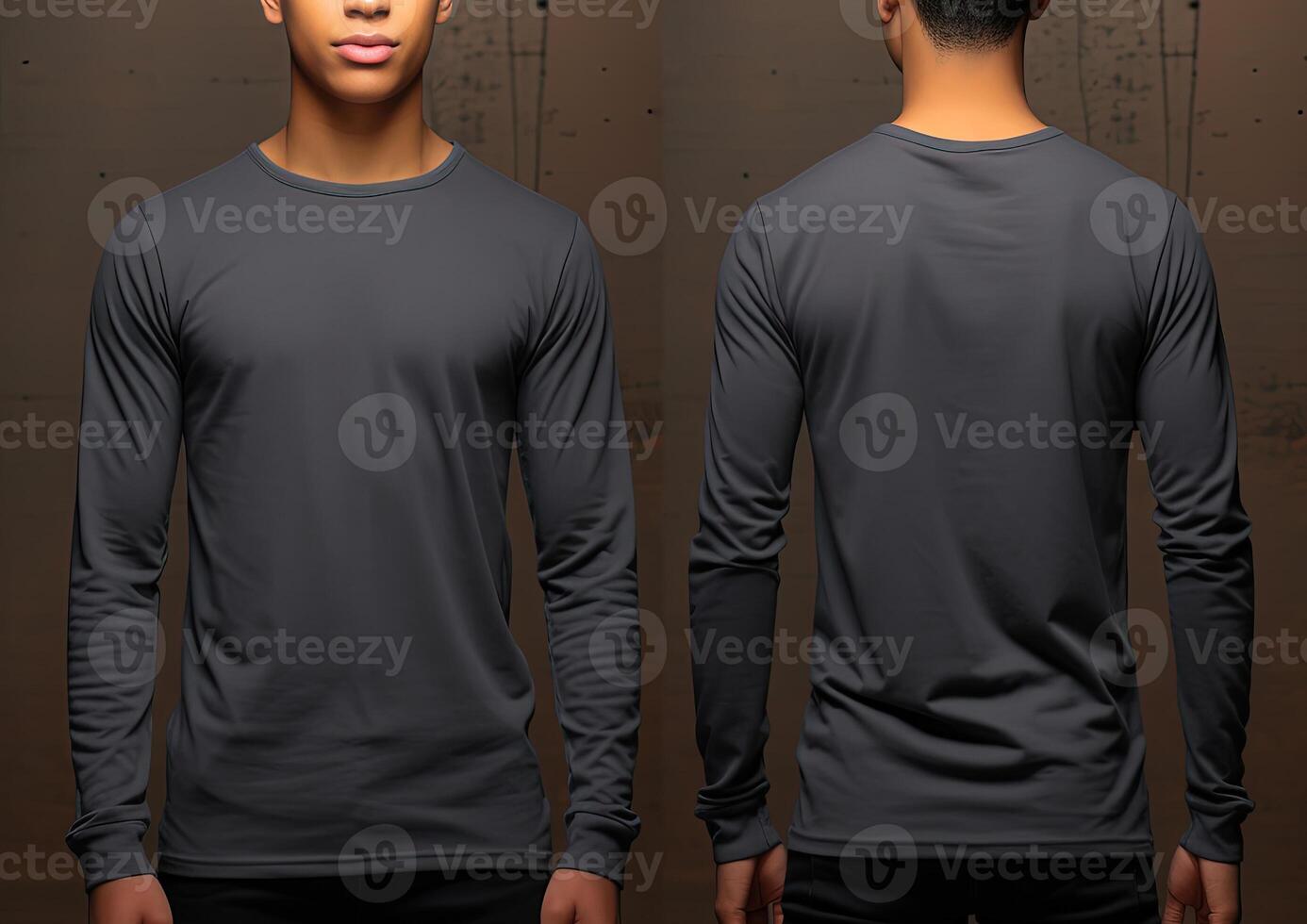 Man wearing a grey T-shirt with long sleeves. Front and back view. photo