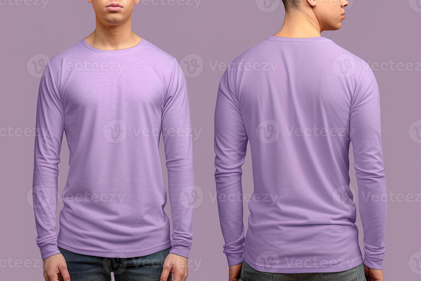 Man wearing a purple T-shirt with long sleeves. Front and back view. photo