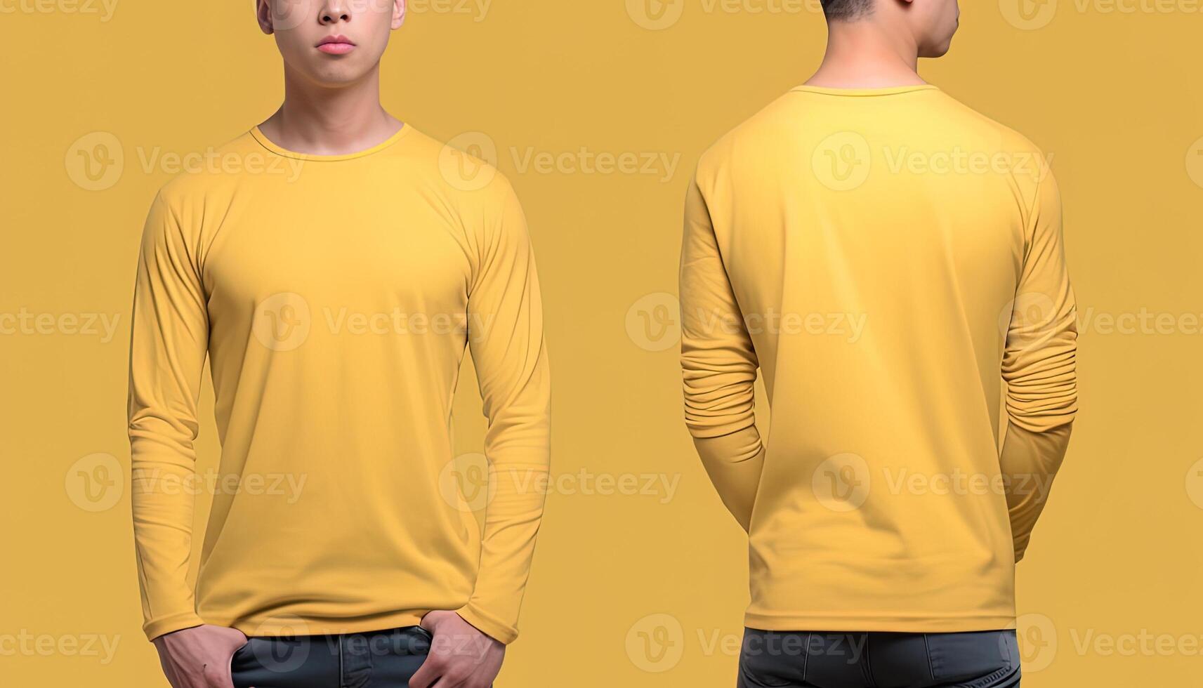 Man wearing a yellow T-shirt with long sleeves. Front and back view. photo