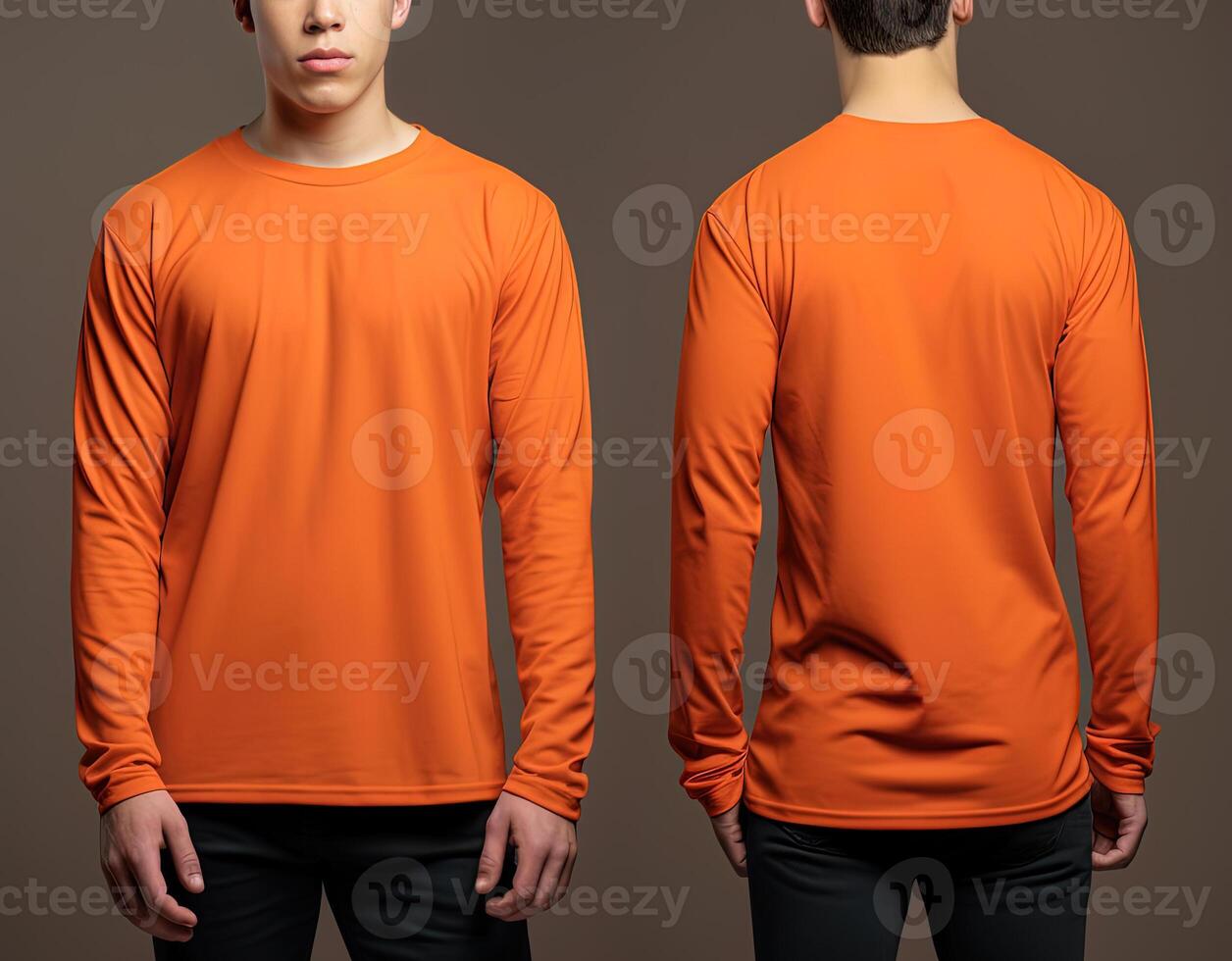 Man wearing a orange T-shirt with long sleeves. Front and back view. photo