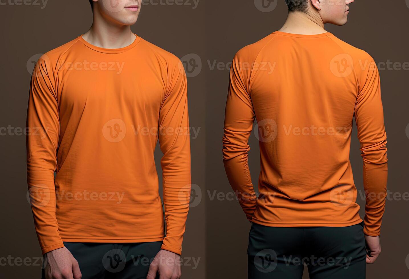 Man wearing a orange T-shirt with long sleeves. Front and back view. photo