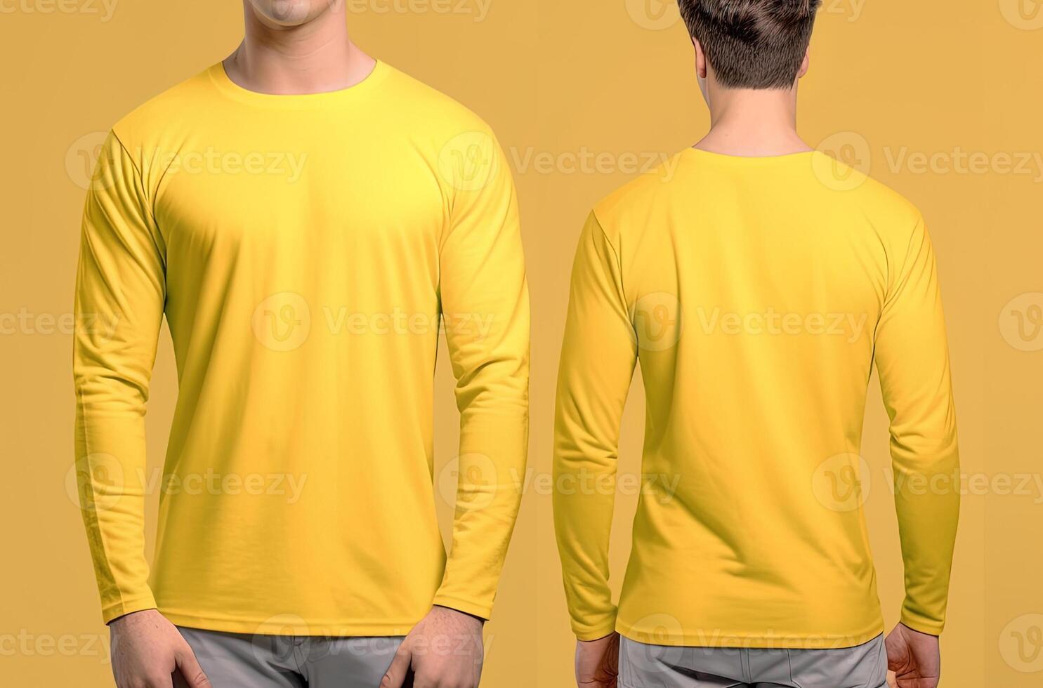 Man wearing a yellow T-shirt with long sleeves. Front and back view. photo
