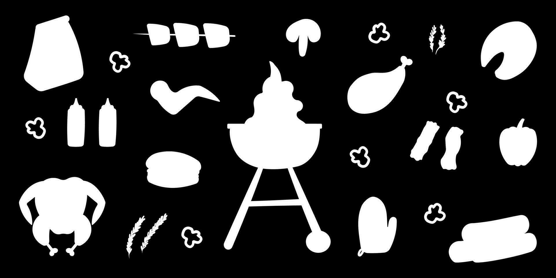 bbq grill party black white elements set vector