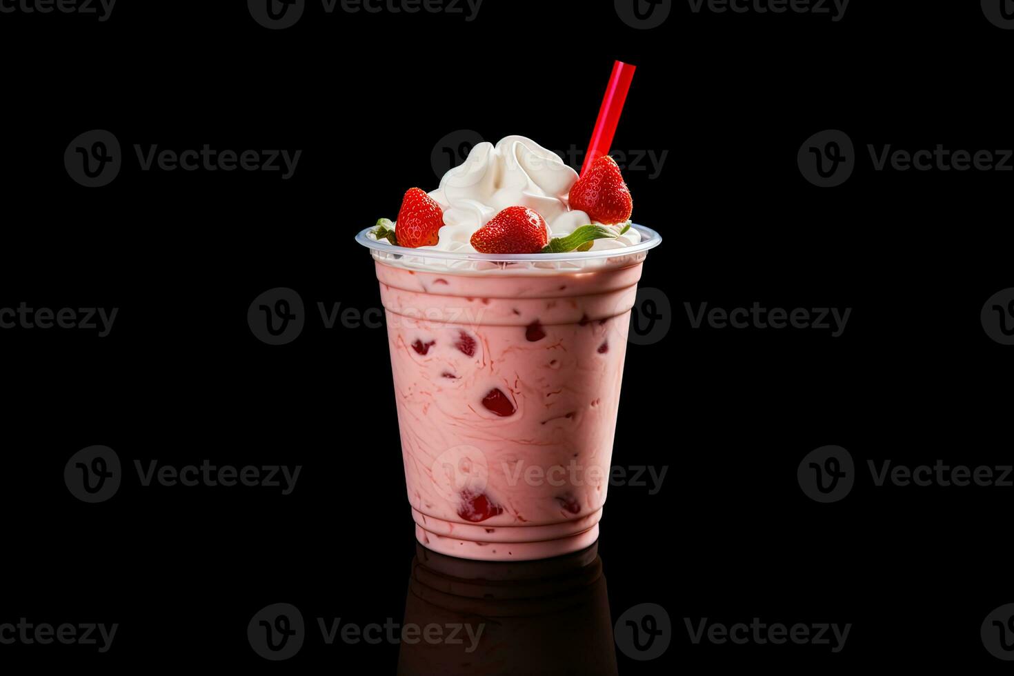 Strawberry milkshake in plastic takeaway cup isolated on black background. ai generated photo