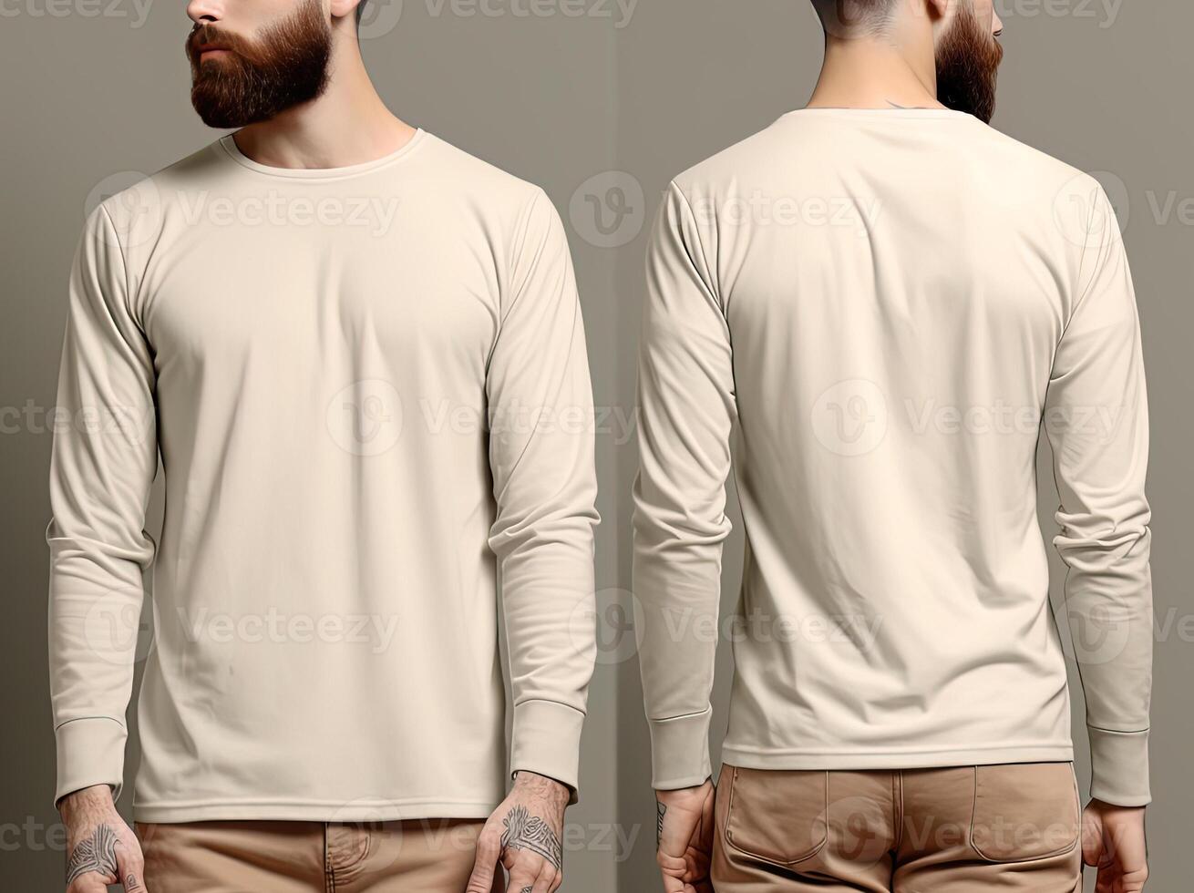 Man wearing a beige T-shirt with long sleeves. Front and back view. photo