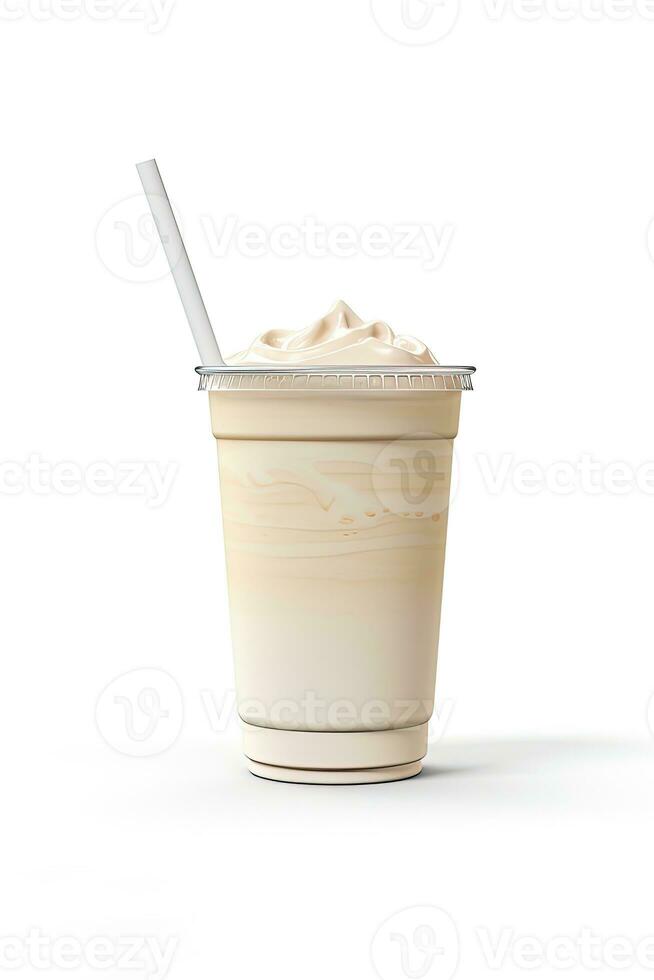 Vanilla milkshake in plastic takeaway cup isolated on white background. ai generated photo