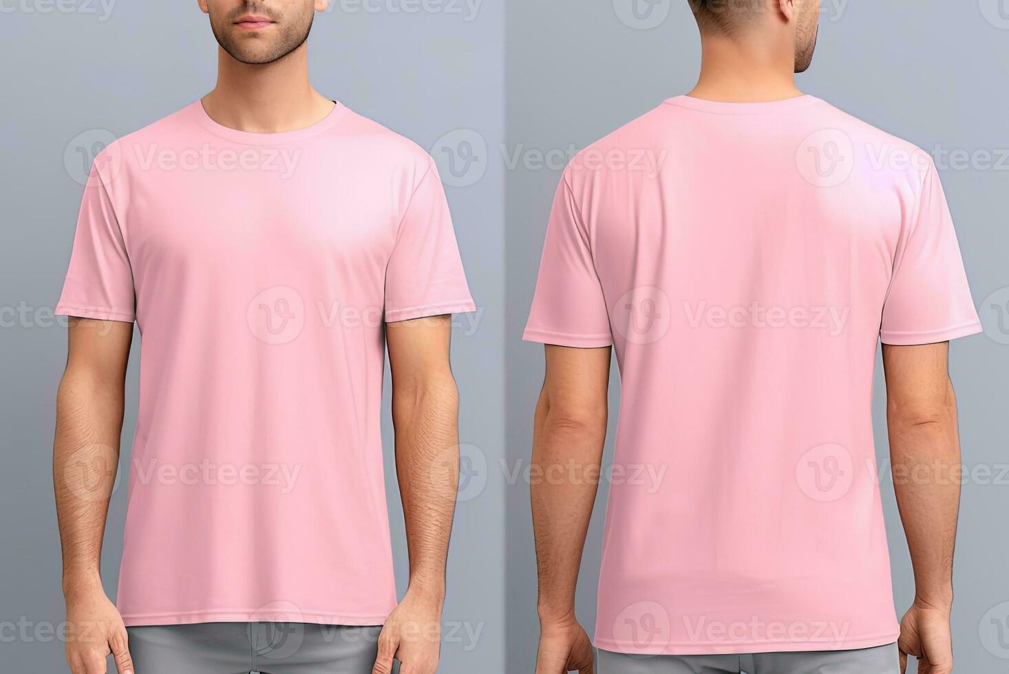 Photo realistic male pink t-shirts with copy space, front, and back view. ai generated