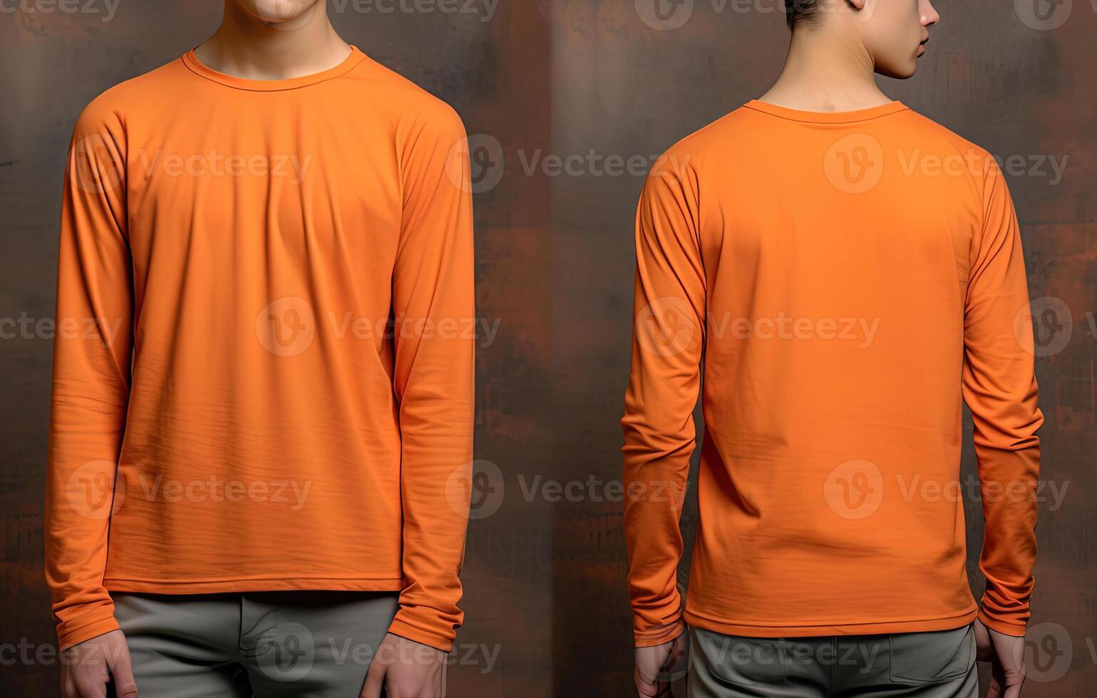Man wearing a orange T-shirt with long sleeves. Front and back view. photo