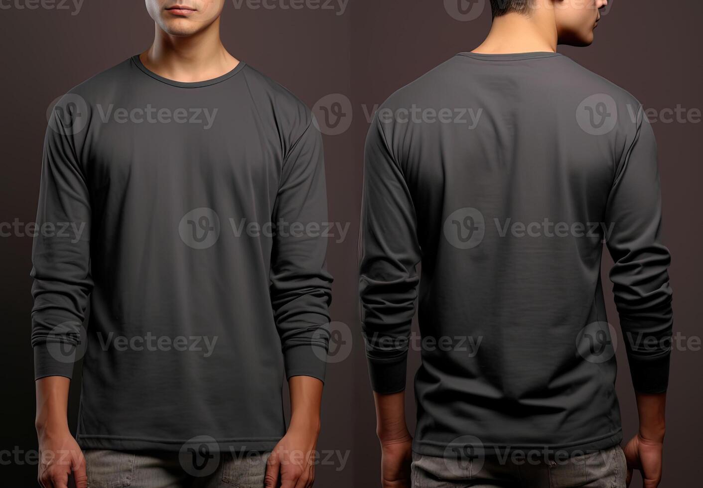Man wearing a grey T-shirt with long sleeves. Front and back view. photo