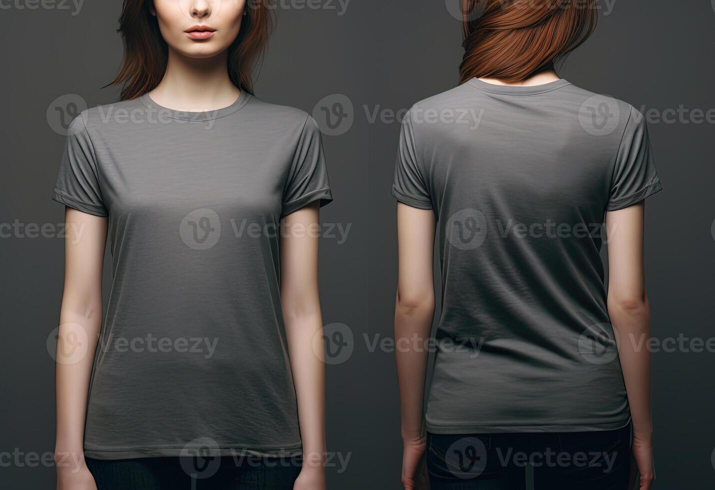 Photo realistic female grey t-shirts with copy space, front, and back view.