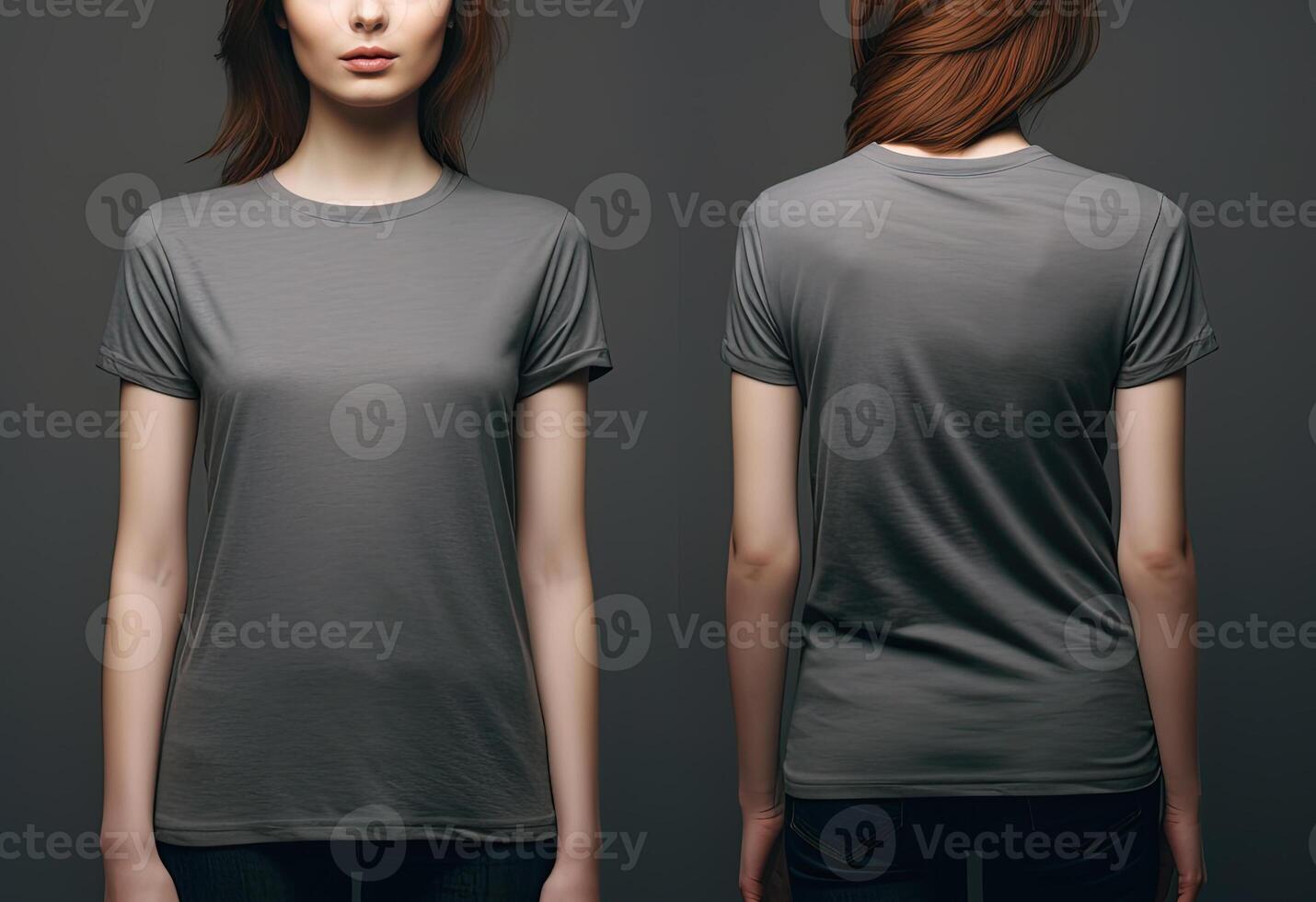 Photo realistic female grey t-shirts with copy space, front, and back view. ai generated