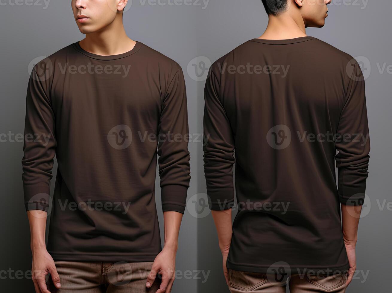 Man wearing a brown T-shirt with long sleeves. Front and back view. photo