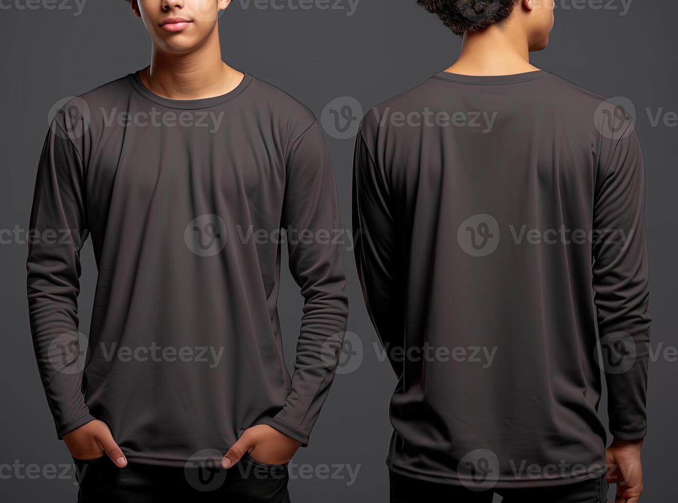 Man wearing a grey T-shirt with long sleeves. Front and back view. photo