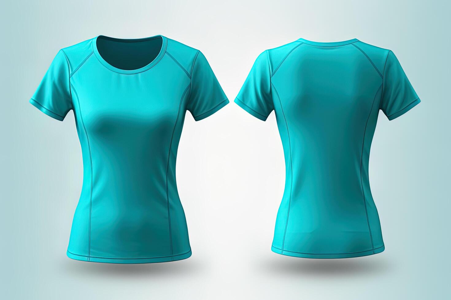 Cyan female t-shirt realistic mockup set from front and back view, blank textile print design template for fashion apparel. photo