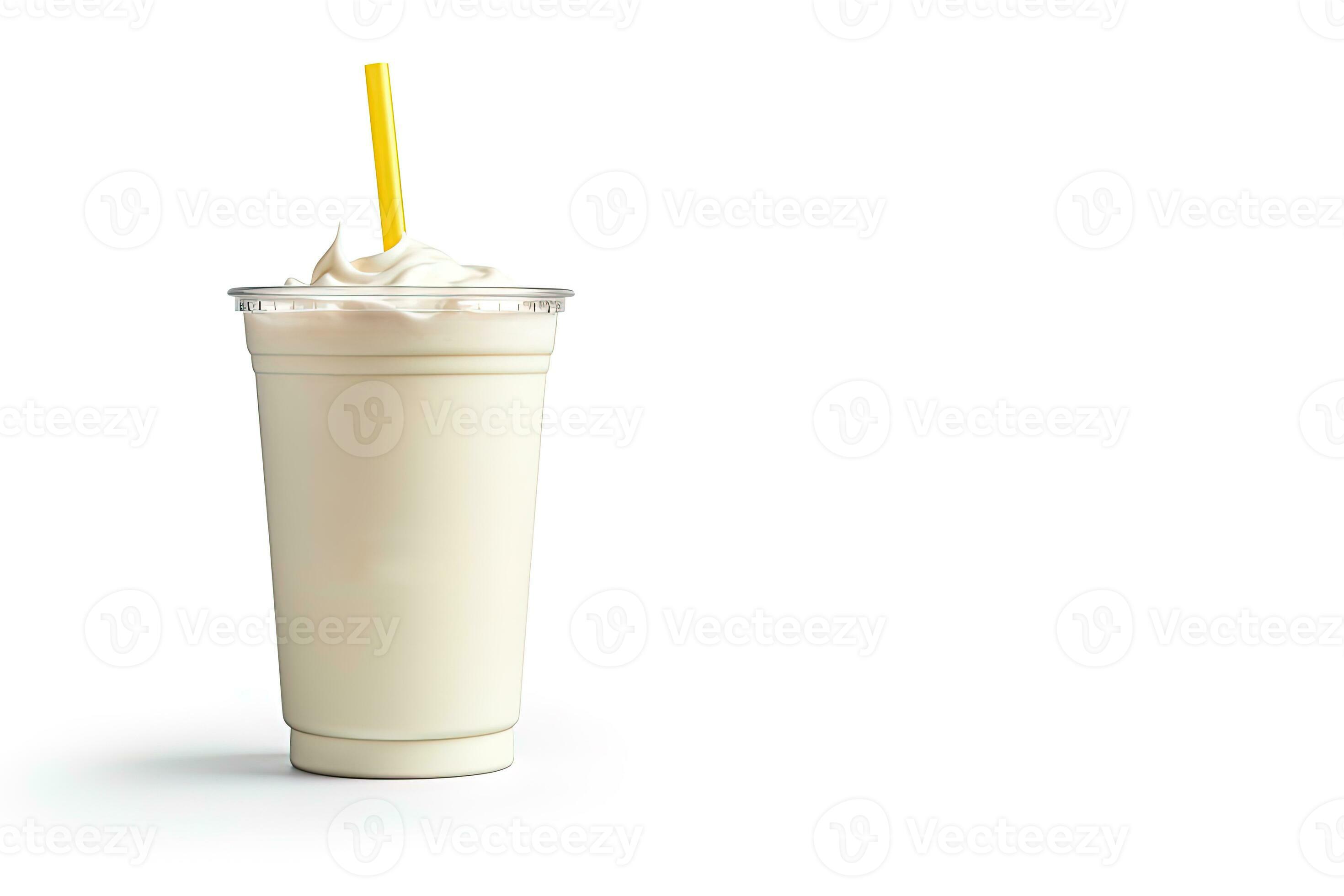 Vanilla milkshake in plastic takeaway cup isolated on pastel background. ai  generated 26278066 Stock Photo at Vecteezy