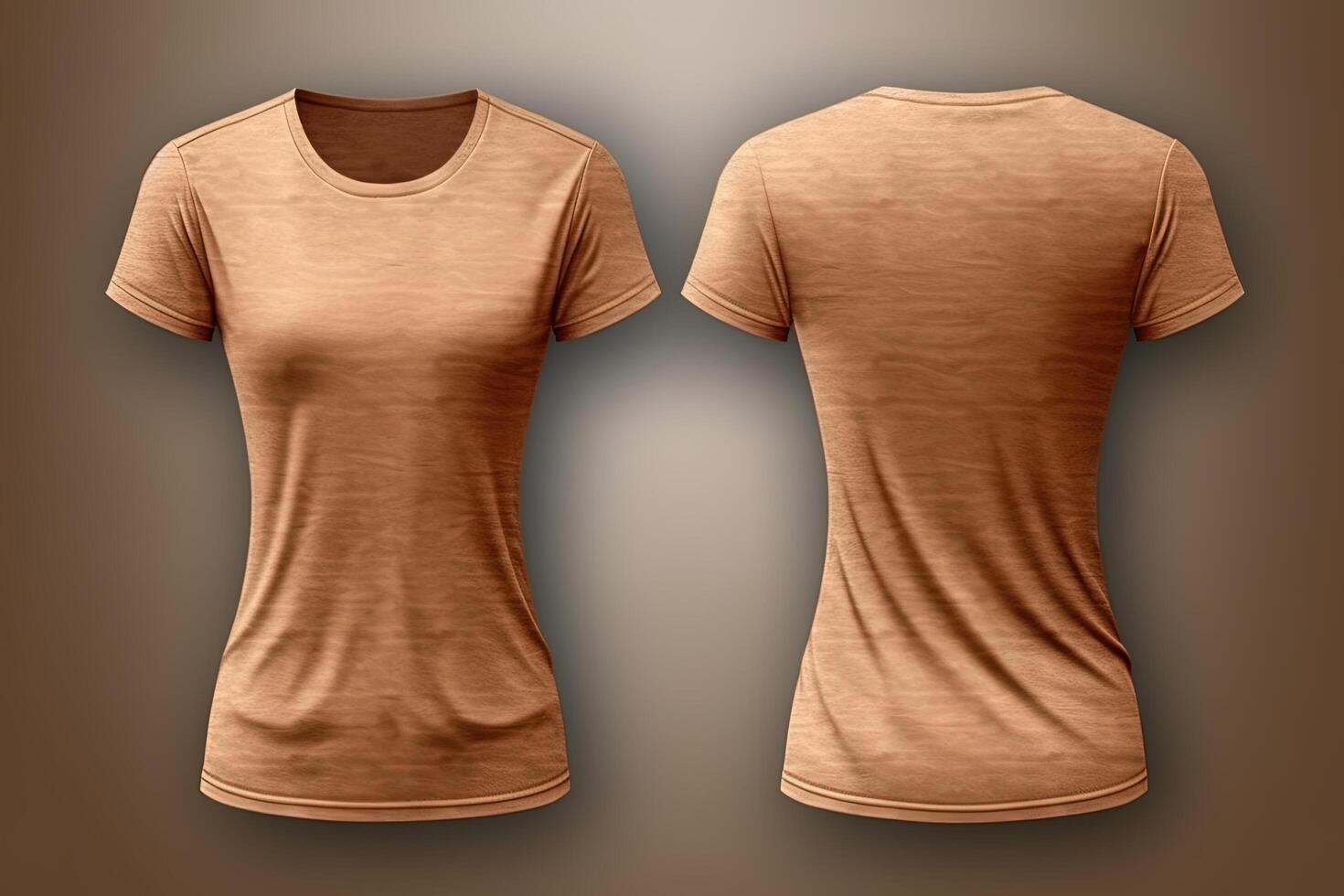 Brown female t-shirt realistic mockup set from front and back view, blank textile print design template for fashion apparel. photo