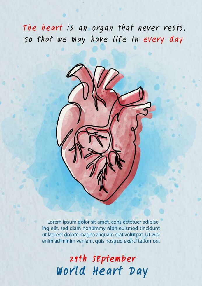 Hand draw and one line style in a Human heart shape with the name of event lettering, example texts on blue background. Poster's campaign of World heart day in watercolors style and vector design.