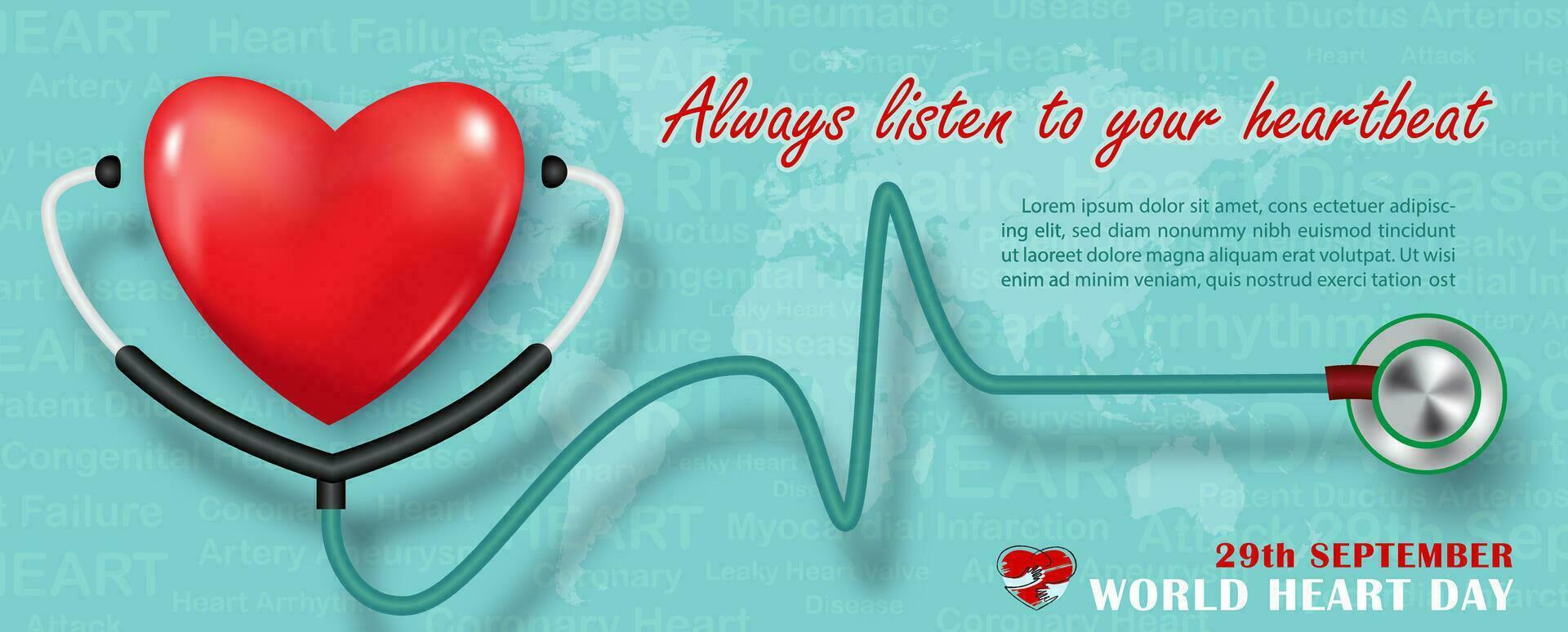 Red heart with stethoscope in 3d style with wording of world heart day and example texts on world map and green background. World heart day's poster campaign in banner and vector design.