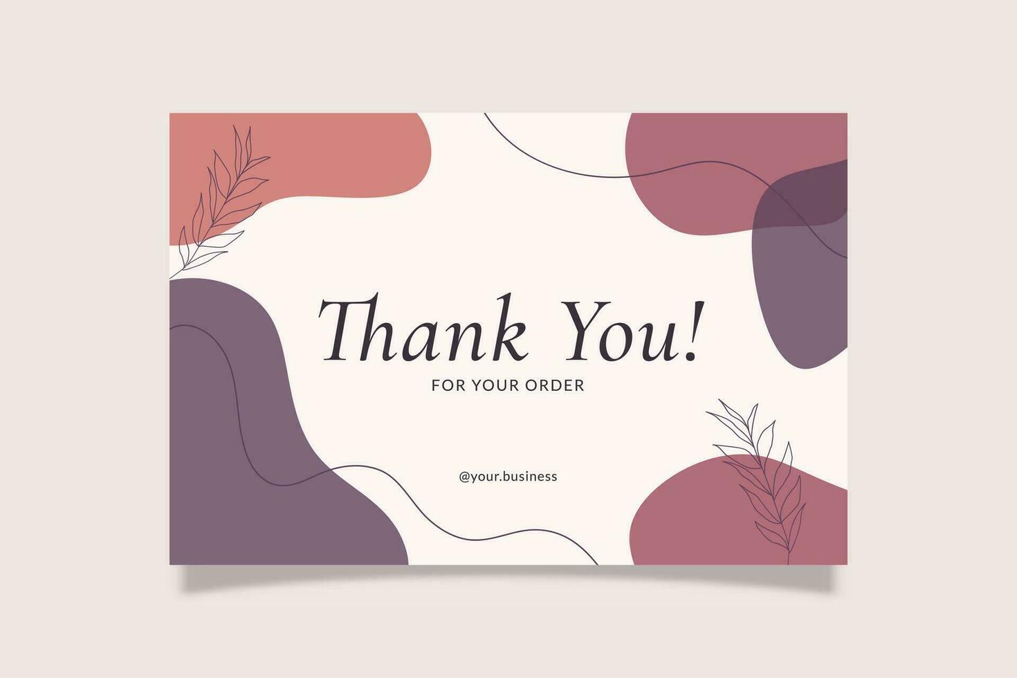 Printable Thank You Card Purple Vivid Aesthetic Design Template Decorated with Organic Blob and Botanical Element. Suitable For Small Online Business Purchase Fashion, Beauty, Cosmetic, Food Cake, Etc vector