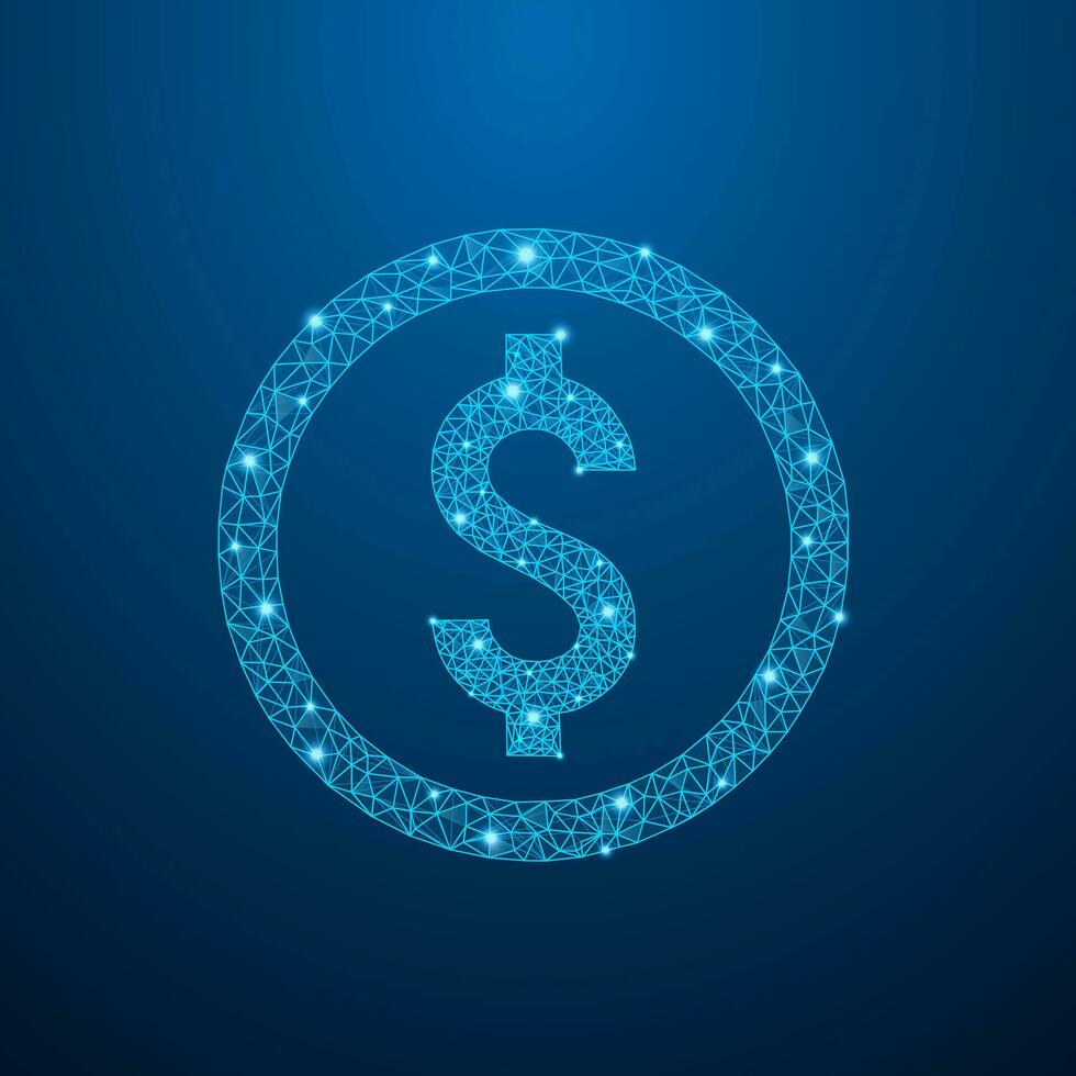 Dollar sign in circle wireframe object. Accounting, Business, financial savings circle sign. Economics with profit growth. Wireframe and low poly vector concept.