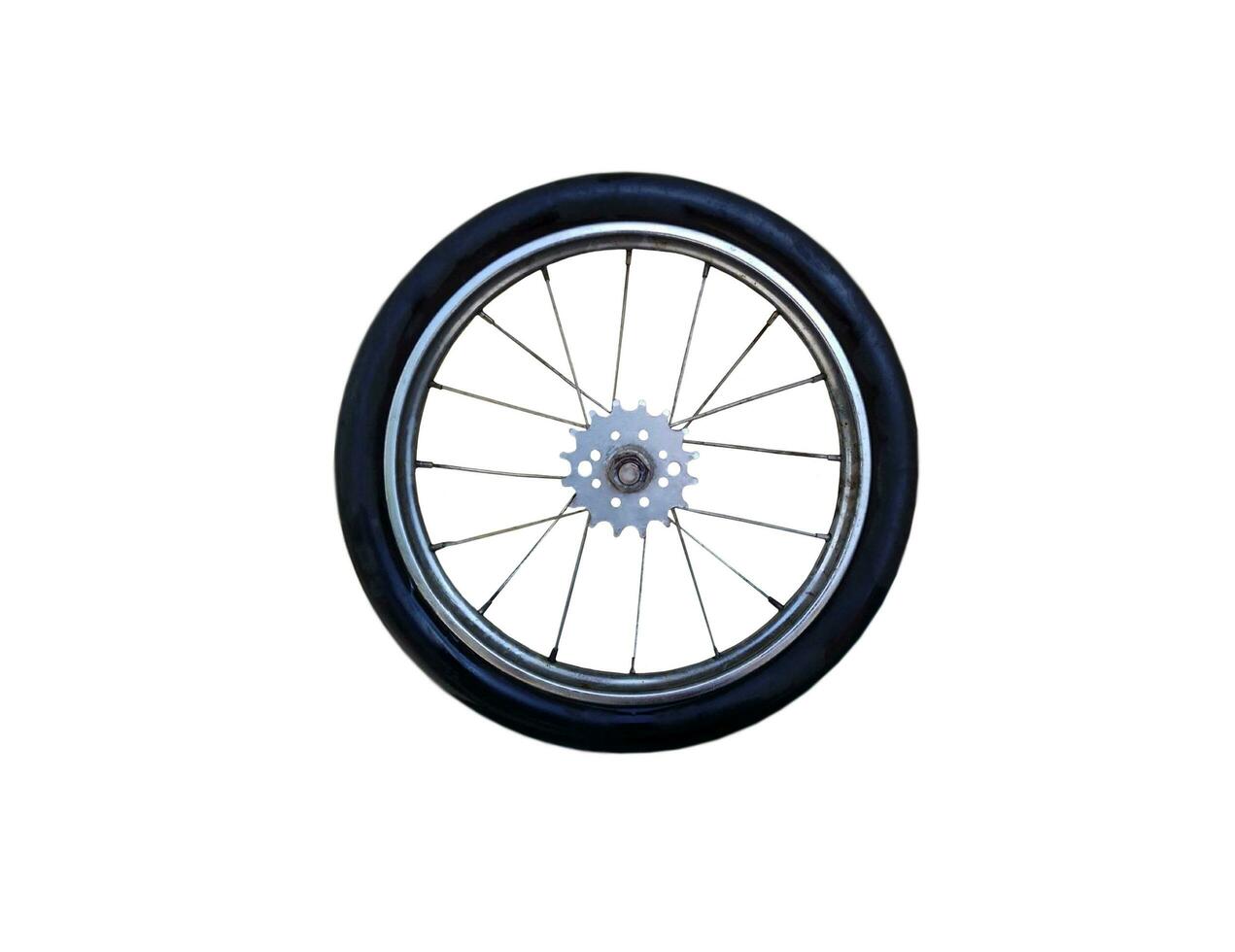 Black bicycle wheel isolated on white background photo