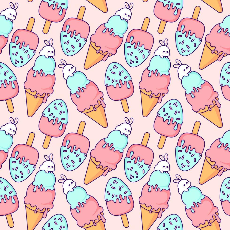 Cute Kawaii Ice Cream Pattern. Vector Seamless Design. Adorable vector seamless pattern featuring kawaii-style ice cream in charming pink and blue colors, ideal for wrapping paper design.