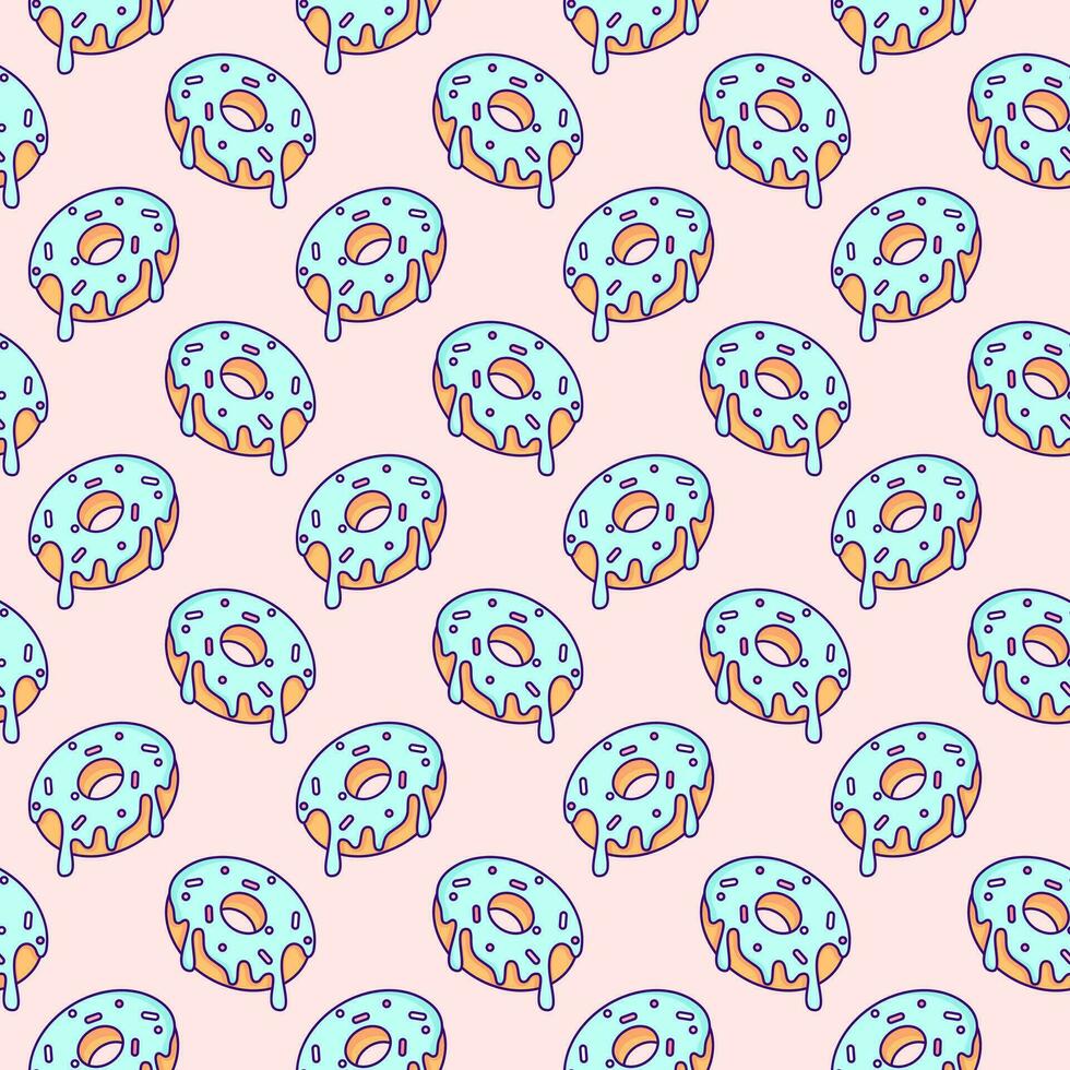 Cute Kawaii Donut Pattern. Vector Seamless Design. Adorable vector seamless pattern featuring kawaii style donuts in delightful pink and blue colors, ideal for wrapping paper design.