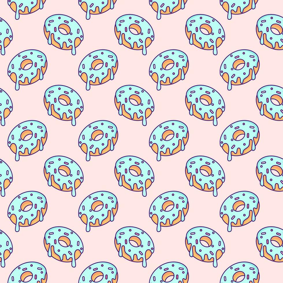 Cute Kawaii Donut Pattern. Vector Seamless Design. Adorable vector seamless pattern featuring kawaii style donuts in delightful pink and blue colors, ideal for wrapping paper design.