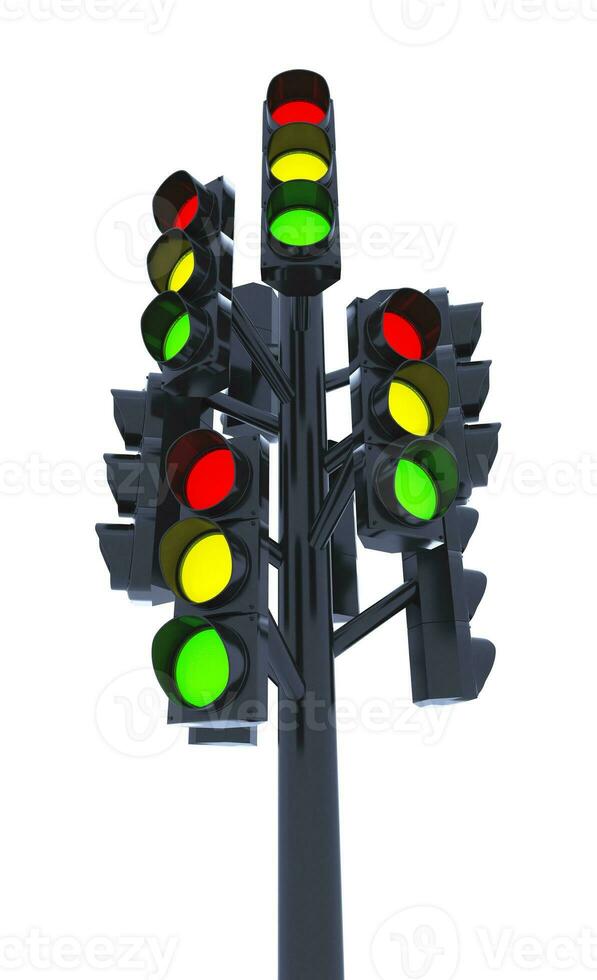 Many Traffic Lights on one pole isolated on white background. photo
