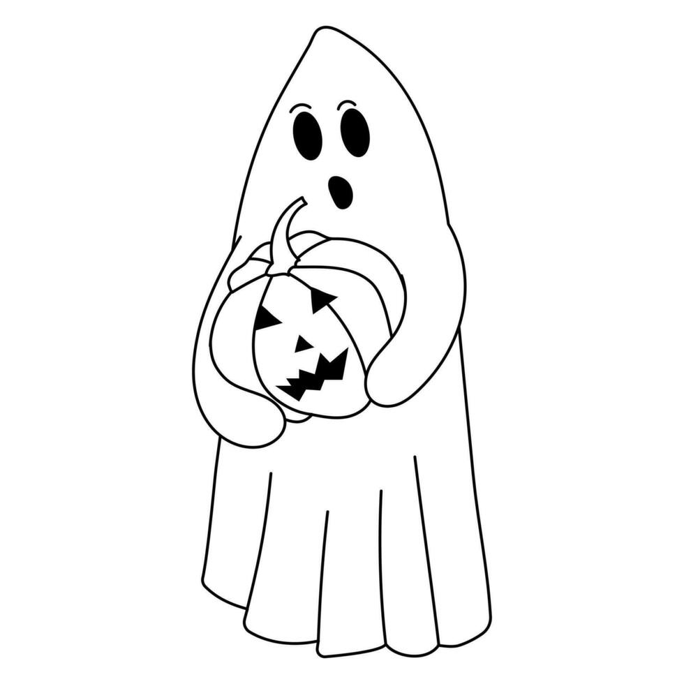 Coloring page of ghost with pumpkin vector