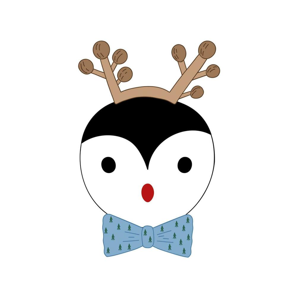 Cute funny penguin head wearing bow tie and horns, hand drawn cartoon wild animal Christmas character for holiday decor, poster, greeting cards, invitation vector