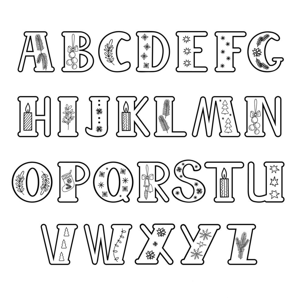 Capital hand drawn black letters of English alphabet decorated for Christmas doodle style outline vector illustration, calligraphic abc, cute funny handwriting, contour lined art and lettering