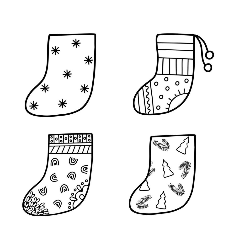 Christmas stocking for gifts simple hand drawn doodle style vector outline illustration for coloring page, greeting cards, family gathering winter holiday design, wintertime festive period celebration