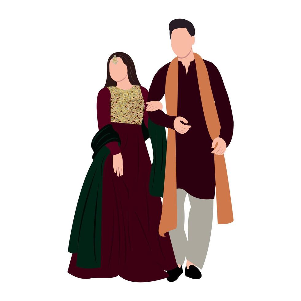 Vector vector cute indian couple cartoon in traditional dress posing for wedding invitation card design