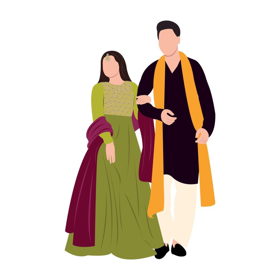 Vector vector cute indian couple cartoon in traditional dress posing for wedding invitation card design