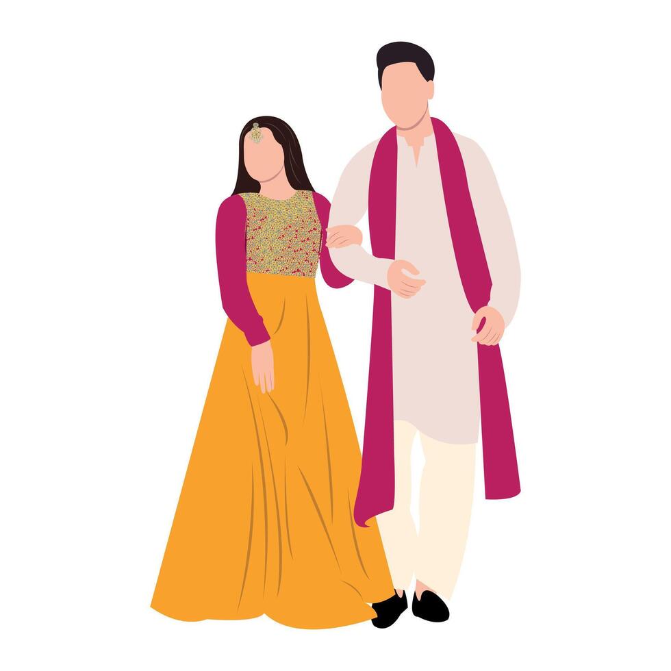 Vector vector cute indian couple cartoon in traditional dress posing for wedding invitation card design