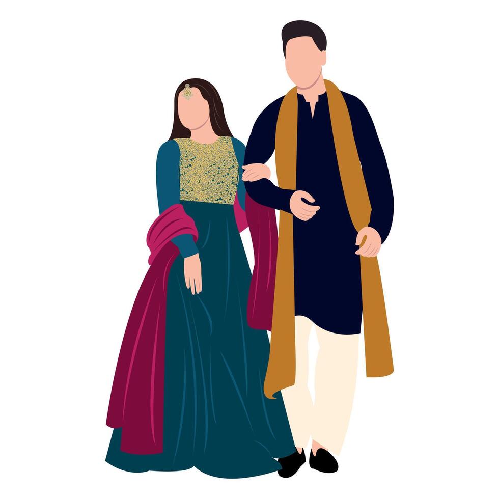 Vector vector cute indian couple cartoon in traditional dress posing for wedding invitation card design