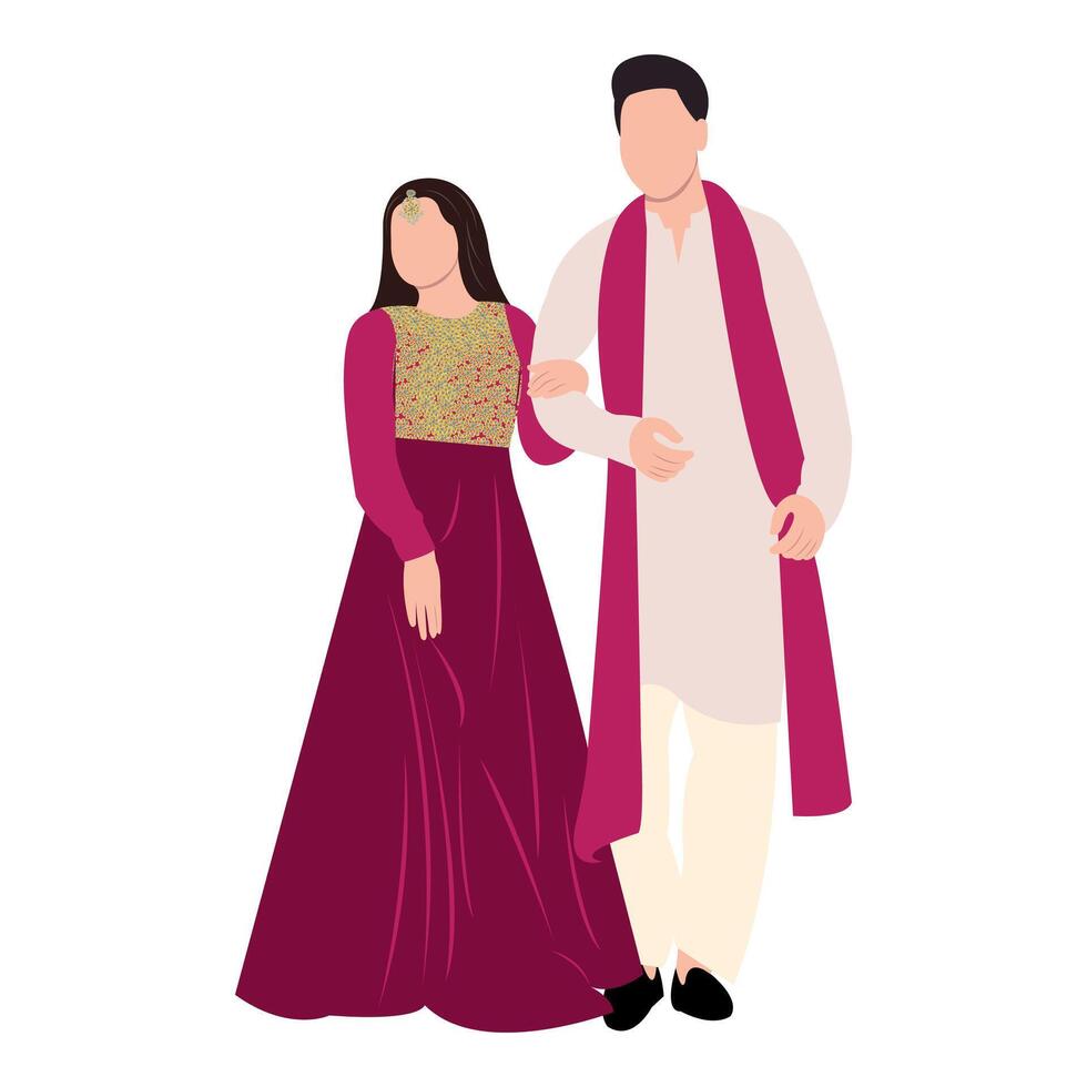 Vector vector cute indian couple cartoon in traditional dress posing for wedding invitation card design